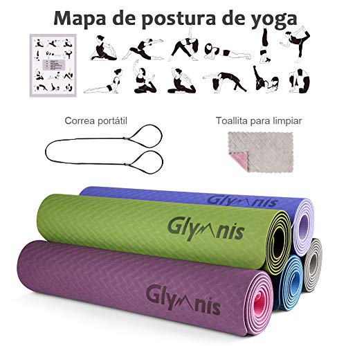Glymnis Esterilla Yoga Antideslizante Colchoneta Yoga Mat Esterilla Deporte de Material Ecológico TPE Esterilla Pilates con Correa 183mm x 61mm x 6mm Negro