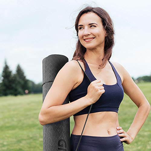 Glymnis Esterilla Yoga Antideslizante Colchoneta Yoga Mat Esterilla Deporte de Material Ecológico TPE Esterilla Pilates con Correa 183mm x 61mm x 6mm Negro