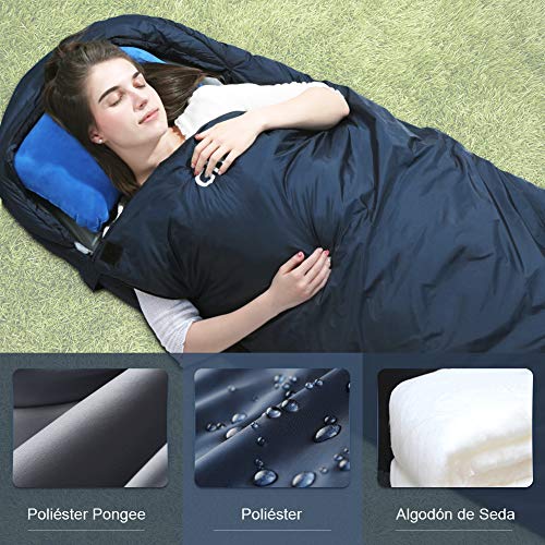 Glymnis Saco de Dormir Ultraligero con Capucha Saco de Dormir Rectangular con Almohada Inflable y Bolsa de Compresión Saco de Dormir Verano para Viaje Camping Senderismo 220x75 cm Azul Marino