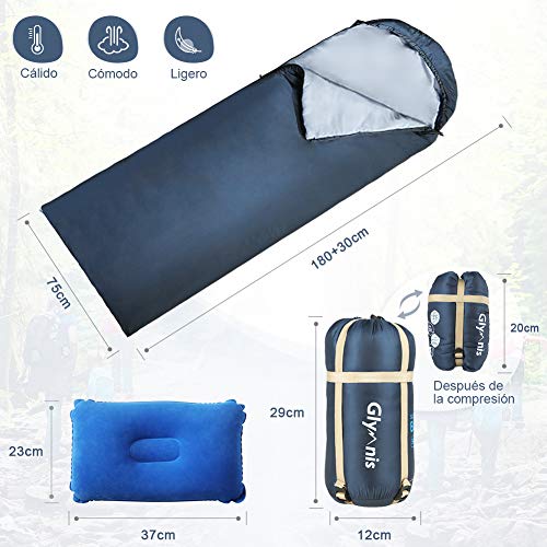 Glymnis Saco de Dormir Ultraligero con Capucha Saco de Dormir Rectangular con Almohada Inflable y Bolsa de Compresión Saco de Dormir Verano para Viaje Camping Senderismo 220x75 cm Azul Marino