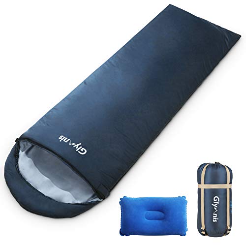 Glymnis Saco de Dormir Ultraligero con Capucha Saco de Dormir Rectangular con Almohada Inflable y Bolsa de Compresión Saco de Dormir Verano para Viaje Camping Senderismo 220x75 cm Azul Marino
