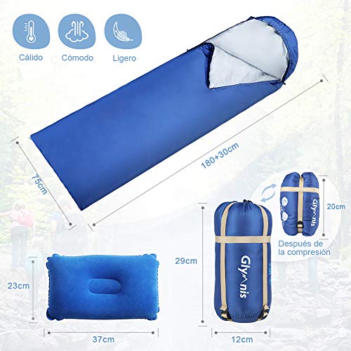 Glymnis Saco de Dormir Ultraligero con Capucha Saco de Dormir Rectangular con Almohada Inflable y Bolsa de Compresión Saco de Dormir Verano para Viaje Camping Senderismo 220x75 cm Azul