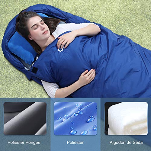 Glymnis Saco de Dormir Ultraligero con Capucha Saco de Dormir Rectangular con Almohada Inflable y Bolsa de Compresión Saco de Dormir Verano para Viaje Camping Senderismo 220x75 cm Azul