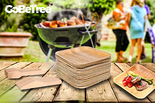 GoBeTree Vajilla desechable de 75 Piezas, 25 Platos de Hoja de Palma Cuadrados, Juego de Cubiertos de Madera Abedul de 25 Tenedores y 25 Cuchillos, vajilla Rustica y Elegante, vajilla Biodegradable