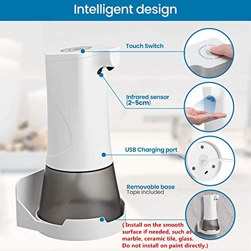 Godmorn Dispensador de jabón automático, 350ml USB Carga Dispensador de Jabón Sensor Infrarrojo Sin Contacto, IPX4 Volumen de Espuma Ajustable para los baños Cocina aseos oficinas hoteles