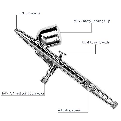 Gohelper Mini Kit Aerógrafo con Compresor modelismo Profesional Airbrush Doble Acción con limpieza 0.2 0.3 0.5 Boquillas Agujas pistola para reposteria,pintura,maquillaje facial,uñas,Manicure Cake