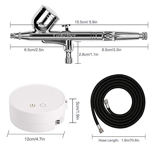 Gohelper Mini Kit Aerógrafo con Compresor modelismo Profesional Airbrush Doble Acción con limpieza 0.2 0.3 0.5 Boquillas Agujas pistola para reposteria,pintura,maquillaje facial,uñas,Manicure Cake