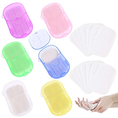 GOLDGE 350 Piezas o Más Jabón Desechable Papel, Jabones en Papel Desechables con 6 Caja de Plástico para Exteriores Camping Senderismo Viajes (Colores Diferentes)