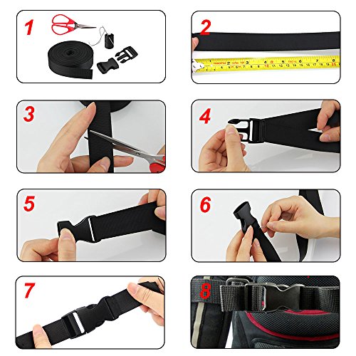 GOLRISEN Cinta de Nylon 1 Rollo 10 yardas x 25 mm, 12 Hebillas de Plástico, Cinta Nylon Negra Suave y Resistente, Como Asa para Bolsas, Correa para Mochila o para Hacer Collares de Perro