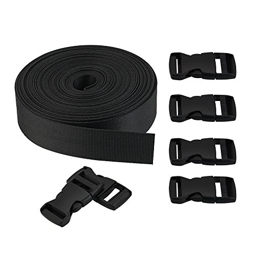 GOLRISEN Cinta de Nylon 1 Rollo 10 yardas x 25 mm, 12 Hebillas de Plástico, Cinta Nylon Negra Suave y Resistente, Como Asa para Bolsas, Correa para Mochila o para Hacer Collares de Perro