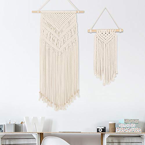 GoMaihe Macrame Tapiz Pared, 2 Piezas Beige Tapiz Macramé Tejido Boho Chic Decoración Habitacion, Decoración Pared, Decoración Bohemia, Regalo Mujer 72 cm (L) x 31 cm (W) y 33 cm (L) x 12 cm (W)