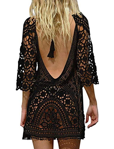 Goodbox Vestido de Playa,Bikini Cover Up,Mujeres Bikini Encubrir,Sexy Hueco de Encaje,V-Cuello,One Size (One Size, Negro)