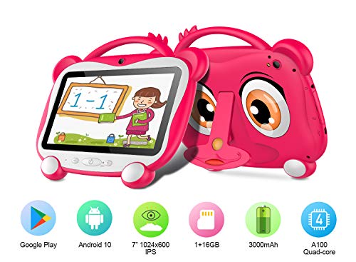 GOODTEL Tablet para Niños 7 Pulgadas Tablet Infantil Android 10.0 Quad-Core Processor, 16GB ROM, HD Pantalla1024*600 Doble Camera(0.3MP+2MP) 3G,WiFi,GPS,Certificación Google,Juegos Educativos-Rosado