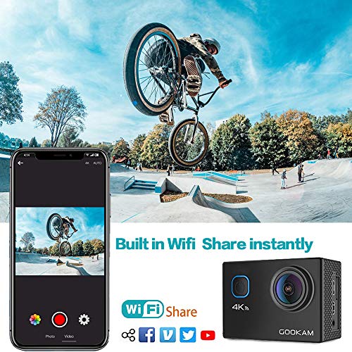GOOKAM Cámara Deportiva 4K WiFi 20MP 170 Amplio ángulo, Camara Acción Sumergible 40M con 2.4G Remoto y Micrófono Externo, Cámara Acuática con 2 Baterías de 1050mAh y Accesorios Multiples-GO 2