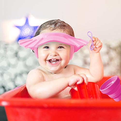 gorra de ducha para bebé, visera baño bebe, gorro suave para niños, gorro de champú ajustable para niños, con vaso plegable silicona (2 piezas- rosa)