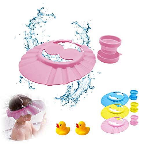 gorra de ducha para bebé, visera baño bebe, gorro suave para niños, gorro de champú ajustable para niños, con vaso plegable silicona (2 piezas- rosa)