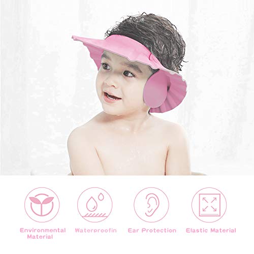 gorra de ducha para bebé, visera baño bebe, gorro suave para niños, gorro de champú ajustable para niños, con vaso plegable silicona (2 piezas- rosa)