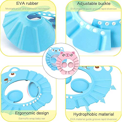 Gorro Ducha Niños, Gorro de Ducha Bebé, Ajustable Gorro de Ducha para Bebé, Gorra de Ducha para Bebé Impermeable, Silicona Suave Con Protección, para Niños Pequeños, Bebés, Niños (Rosado azul)