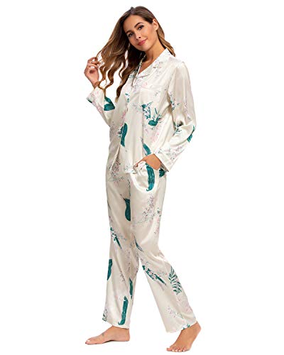 GOSO Pijama de satén para Mujer con Botones de Seda Floral de Manga Larga y Pantalones Ropa de Dormir para Mujer Conjuntos de salón Suave