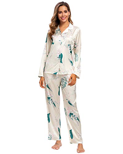 GOSO Pijama de satén para Mujer con Botones de Seda Floral de Manga Larga y Pantalones Ropa de Dormir para Mujer Conjuntos de salón Suave