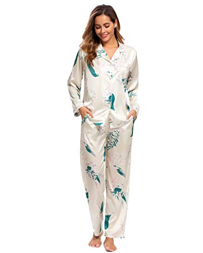 GOSO Pijama de satén para Mujer con Botones de Seda Floral de Manga Larga y Pantalones Ropa de Dormir para Mujer Conjuntos de salón Suave