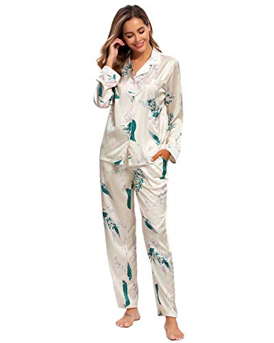 GOSO Pijama de satén para Mujer con Botones de Seda Floral de Manga Larga y Pantalones Ropa de Dormir para Mujer Conjuntos de salón Suave