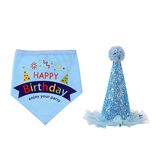 gotyou Sombrero y Bufanda de cumpleaños para Perros, Lindo Sombrero de Fiesta y Bufanda Suave, Traje de cumpleaños Ajustable Reutilizable, Regalo de cumpleaños para Mascotas, Azul