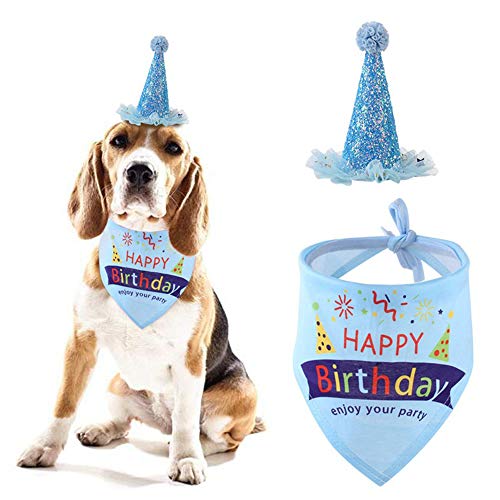 gotyou Sombrero y Bufanda de cumpleaños para Perros, Lindo Sombrero de Fiesta y Bufanda Suave, Traje de cumpleaños Ajustable Reutilizable, Regalo de cumpleaños para Mascotas, Azul