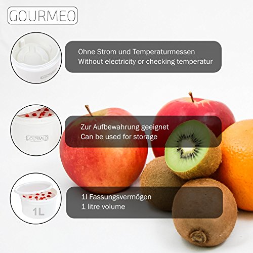 GOURMEO yogurtera de yogur natural premium, yogur de soja, quark, recipiente de un litro, sin corriente eléctrica, de fácil limpieza | máquina para hacer yogur, máquina para preparar yogur,
