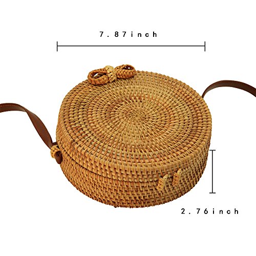 GraceFINE Bolso de ratán mujer Bolso de ratán ratán tejida a mano redondo con correa de cuero