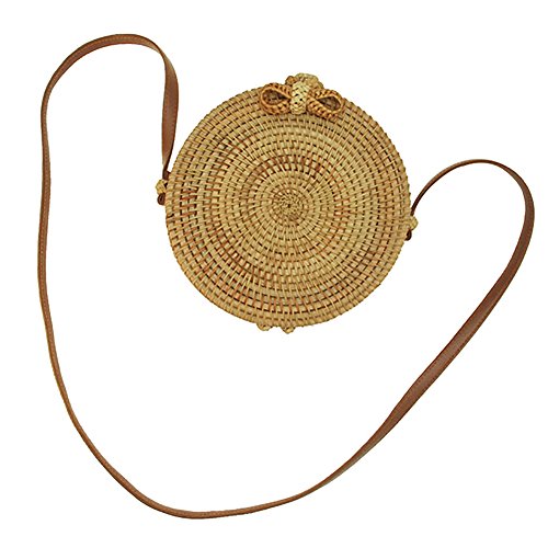 GraceFINE Bolso de ratán mujer Bolso de ratán ratán tejida a mano redondo con correa de cuero