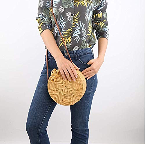 GraceFINE Bolso de ratán mujer Bolso de ratán ratán tejida a mano redondo con correa de cuero