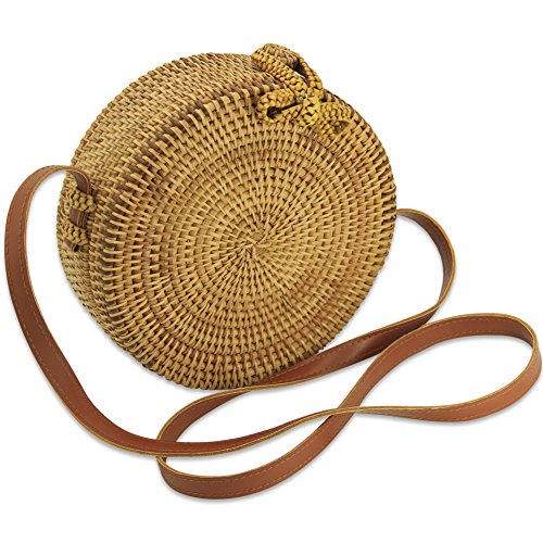 GraceFINE Bolso de ratán mujer Bolso de ratán ratán tejida a mano redondo con correa de cuero