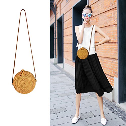 GraceFINE Bolso de ratán mujer Bolso de ratán ratán tejida a mano redondo con correa de cuero
