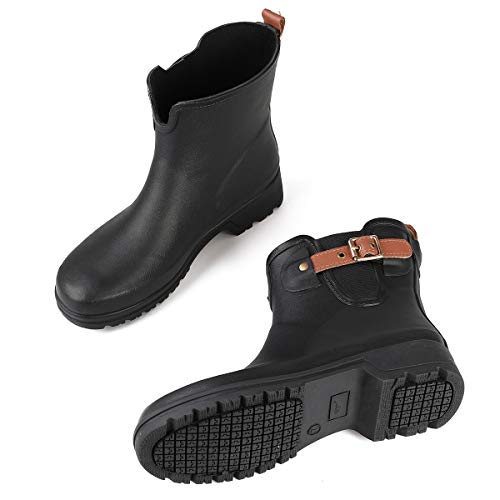 gracosy Botas de Agua para Mujer Zapatos de Lluvia Impermeable Chelsea Botas Otoño Invierno Goma Wellington Botas Antideslizante Corto Botas Negro