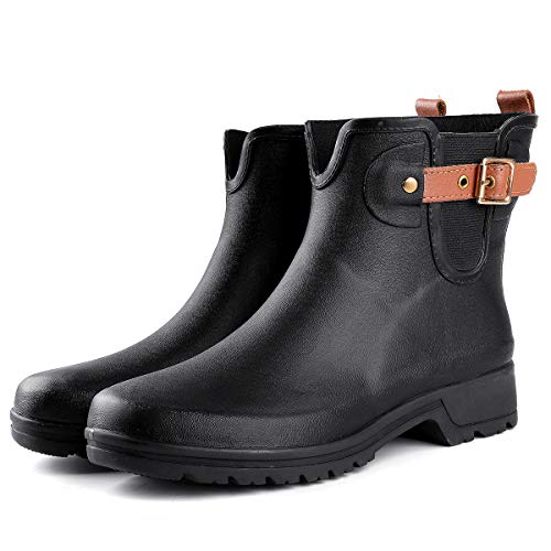 gracosy Botas de Agua para Mujer Zapatos de Lluvia Impermeable Chelsea Botas Otoño Invierno Goma Wellington Botas Antideslizante Corto Botas Negro