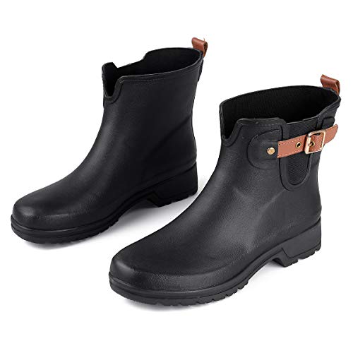 gracosy Botas de Agua para Mujer Zapatos de Lluvia Impermeable Chelsea Botas Otoño Invierno Goma Wellington Botas Antideslizante Corto Botas Negro