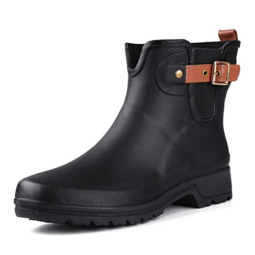gracosy Botas de Agua para Mujer Zapatos de Lluvia Impermeable Chelsea Botas Otoño Invierno Goma Wellington Botas Antideslizante Corto Botas Negro