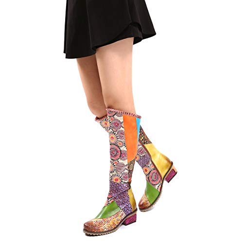gracosy Botas de Cuero para Mujer Otoño e Invierno Calientes Estilo Nacional Bohemio Patrón de Flores Botas de Equitación Hecho a Mano Moda Moto Tacon Largas Planas