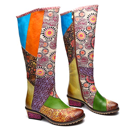gracosy Botas de Cuero para Mujer Otoño e Invierno Calientes Estilo Nacional Bohemio Patrón de Flores Botas de Equitación Hecho a Mano Moda Moto Tacon Largas Planas