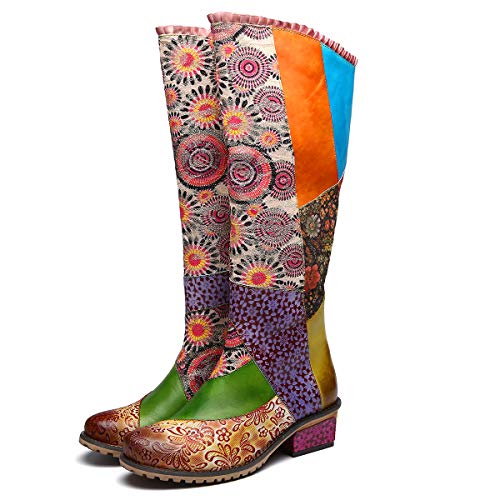 gracosy Botas de Cuero para Mujer Otoño e Invierno Calientes Estilo Nacional Bohemio Patrón de Flores Botas de Equitación Hecho a Mano Moda Moto Tacon Largas Planas