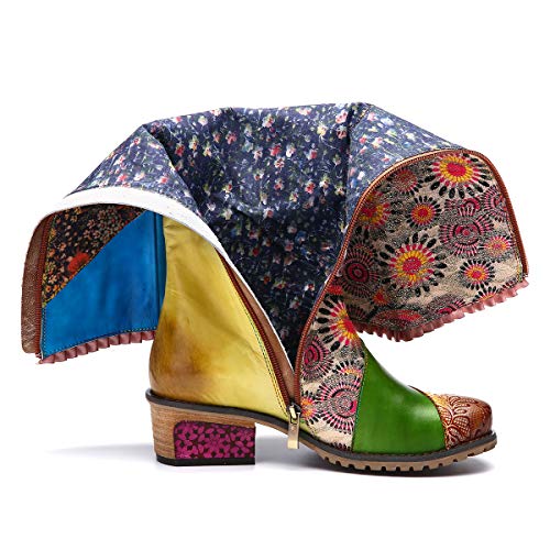 gracosy Botas de Cuero para Mujer Otoño e Invierno Calientes Estilo Nacional Bohemio Patrón de Flores Botas de Equitación Hecho a Mano Moda Moto Tacon Largas Planas