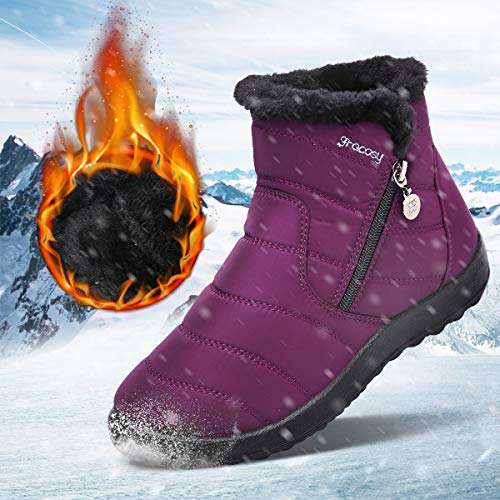 gracosy Botas de Mujer 2020 Otoño Invierno Goma Encaje Forro de Piel Punta Redonda Botas de Nieve Zapatos de Trabajo Formal Calzado Antideslizante Ligero Botines Que Caminan