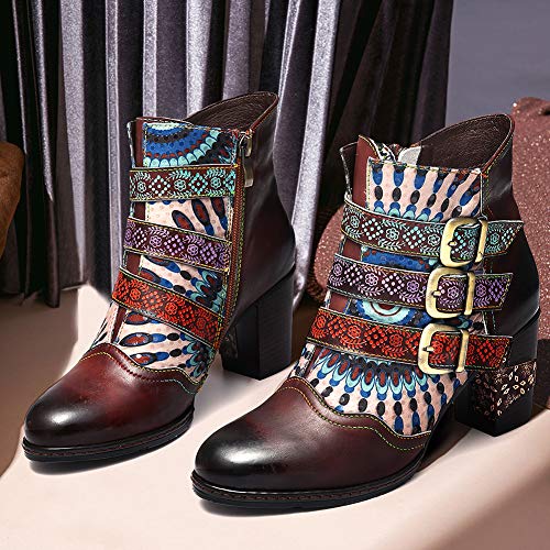 gracosy Botines de Cuero Mujer Otoño e Invierno 2019 Cremallera Botas de Nieve Original Patrón Cómodo Cálido Chelsea Hecho a Mano Buckle Botas de Nieve Tacon Alto Personalidad Paseo Urbano,Marrón