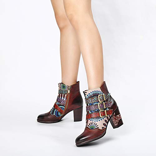 gracosy Botines de Cuero Mujer Otoño e Invierno 2019 Cremallera Botas de Nieve Original Patrón Cómodo Cálido Chelsea Hecho a Mano Buckle Botas de Nieve Tacon Alto Personalidad Paseo Urbano,Marrón