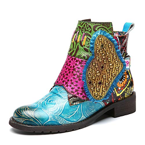 gracosy Botines de Cuero Mujer Otoño e Invierno 2019 Cremallera Botas de Nieve Original Patrón Cómodo Cálido Chelsea Hecho a Mano Remache Buckle Botas de Nieve Tacon Alto En el Medio Paseo Urbano