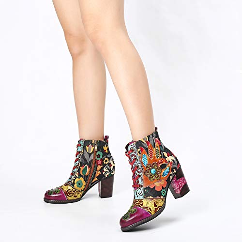 gracosy Botines de Mujer,Otoño e Invierno 2020 Cuero Tacones Altos Encaje Estilo Bohemio Hecho a Mano Diseño Original Patrón de Flores Botas de Nieve Urbano Suela Blanda,Azul
