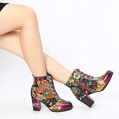 gracosy Botines de Mujer,Otoño e Invierno 2020 Cuero Tacones Altos Encaje Estilo Bohemio Hecho a Mano Diseño Original Patrón de Flores Botas de Nieve Urbano Suela Blanda,Azul