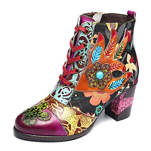 gracosy Botines de Mujer,Otoño e Invierno 2020 Cuero Tacones Altos Encaje Estilo Bohemio Hecho a Mano Diseño Original Patrón de Flores Botas de Nieve Urbano Suela Blanda,Azul
