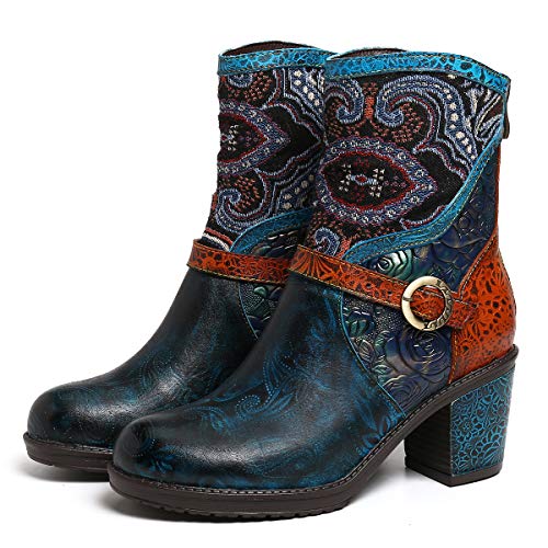 gracosy Botines Mujer Chelsea Botas Cuero Bajo Bloque Tacón Botas Invierno Retro Bohemio Nieve Botas Antideslizante Empalme Estilo Cremallera